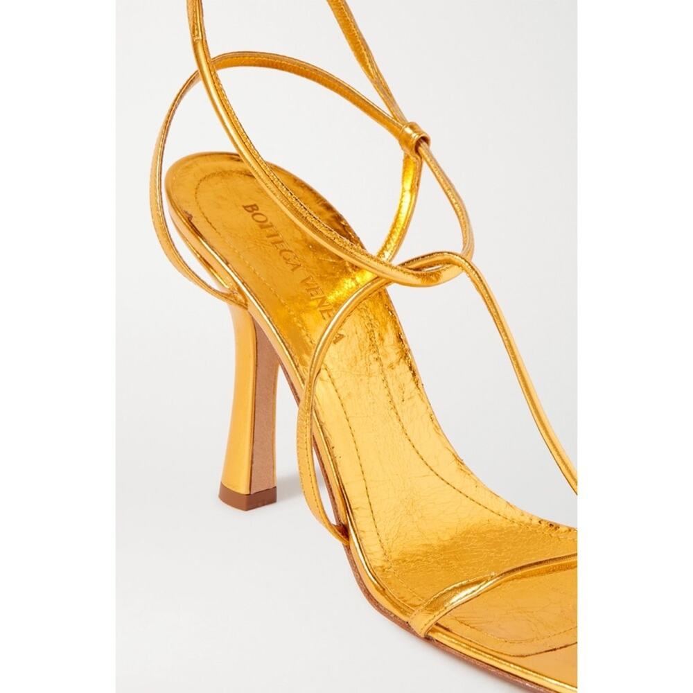 BOTTEGA VENETA Line Metallic Gold Strappy Leather Heeled Sandals - Picture 4 of 11